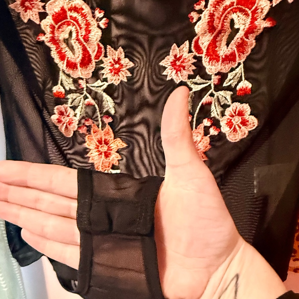 NWOT Black Mesh Bodysuit with Red Floral Embroidery - Picture 4 of 6